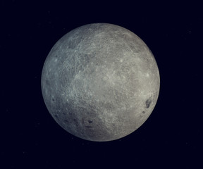 Full moon on black night sky background, with craters and surface details visible, map provided by nasa