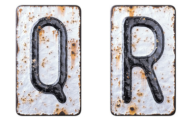 3D render set of capital letters Q, R made of forged metal on the background fragment of a metal surface with cracked rust.