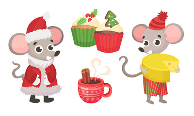 New Year Attributes with Mouse Characters Wearing Warm Clothing and Hot Tea Pouring in Cup Vector Set