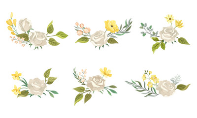 Flower Compositions with White Rose and Floral Leafy Branches Vector Set