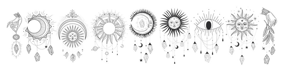 Vector illustration set of moon phases. Different stages of moonlight activity in vintage engraving style. Zodiac Signs, shining crystals, female hand