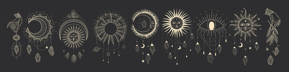 Vector illustration set of moon phases. Different stages of moonlight activity in vintage engraving style. Zodiac Signs, shining crystals, female hand