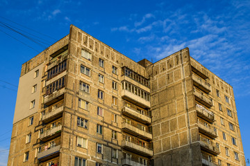 View of an old, soviet tower block building in Kaliningrad. Russian architecture.