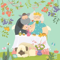 Obraz premium Grandmother and grandfather have lunch in blossom garden