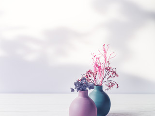 Flower composition. Various dried plants (flowers, leaves) are in small vases on a white wooden table. Behind is a white wall. Copy space.