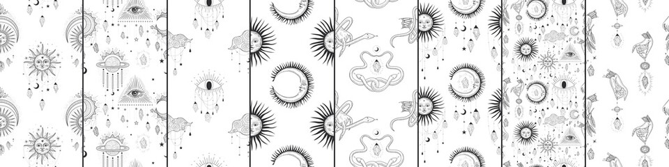 Vector illustration set of moon phases. Different stages of moonlight activity in vintage engraving style. Zodiac Signs, shining crystals, female hand