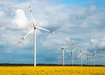 Windfarm in northern Germany surrounded by yellow raps field and blue sky