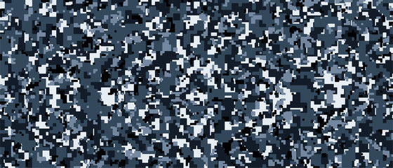Dark blue, white and black Pixel Camouflage. Digital Camo background, military pattern, army and sport clothing, urban fashion. Vector Format. 21:9 aspect ratio.