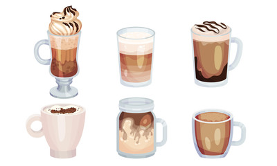 Obraz premium Coffee Beverage or Cacao Drinks with Whipped Cream Poured in Glasses and Cups Vector Set