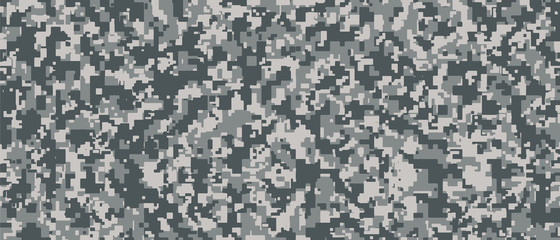 Grey Pixel Camouflage. Digital Camo background, military pattern, army and sport clothing, urban fashion. Vector Format. 21:9 aspect ratio.
