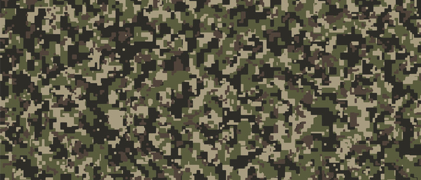 Brown, green and black Pixel Camouflage. Khaki Digital Camo background, military pattern, army and sport clothing, urban fashion. Vector Format. 21:9 aspect ratio.