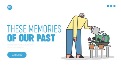 Elderly People Leisure Concept. Website Landing Page. Female Character Takes Care Of Flower Bed. Senior Woman Has Hobby, Watering Flowers. Web Page Cartoon Linear Outline Flat Vector Illustration