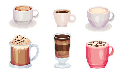 Coffee Beverage or Cacao Drinks with Whipped Cream Poured in Glasses and Cups Vector Set