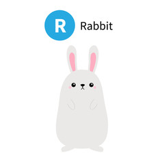 Letter R. Rabbit. Zoo animal alphabet. English abc with cute cartoon kawaii funny baby animals. Education cards for kids. Isolated. White background. Flat design.