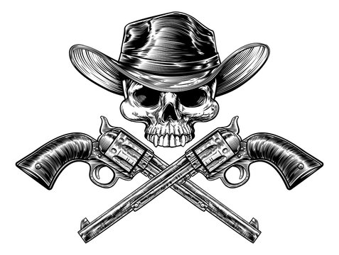 Skull cowboy in hat and a pair of crossed hand guns or pistols drawn in a vintage retro woodblock engraved style