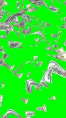 Flying dollars banknotes isolated on chromakey. Money is flying in the air. 100 US banknotes new sample. Vertical orientation. 3D illustration