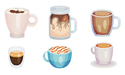 Coffee Beverage or Cacao Drinks with Whipped Cream Poured in Glasses and Cups Vector Set