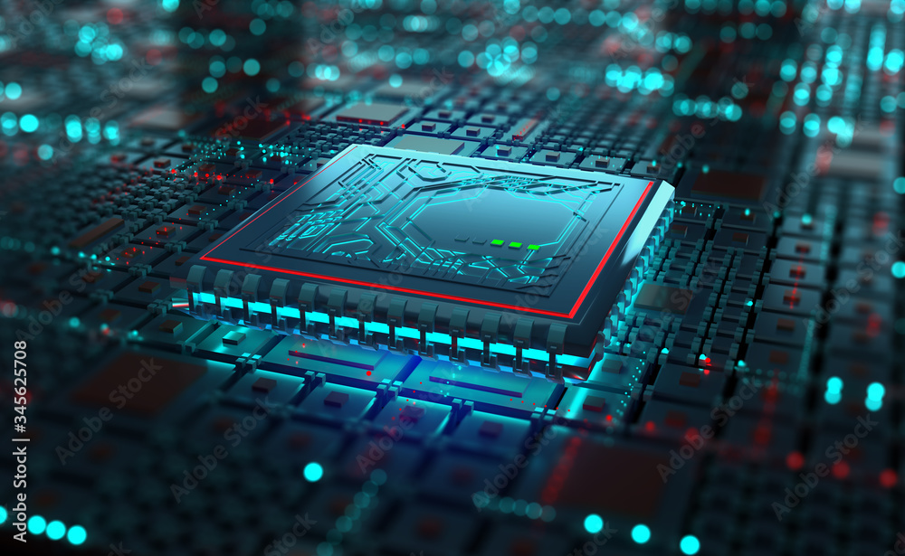 Aufkleber Futuristic processor, CPU 3D illustration. A quantum computer is a global digital network. Processing and storage of big data in modern cyberspace