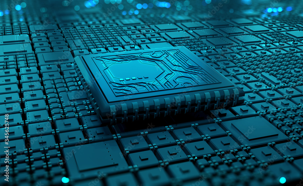Aufkleber Futuristic processor, CPU 3D illustration. A quantum computer is a global digital network. Processing and storage of big data in modern cyberspace