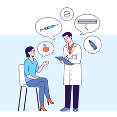 Patient woman talking to man dermalogist vector illustration. Dermatology consultation. Purpose of laser treatment, tablets, injections, healthy food. Isolated cartoon characters on blue background