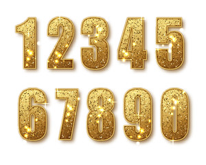 Golden Glitter Number numbers set. Luxury Golden Numbers from 0 to 9 with shimmering glitter isolated on white background. Golden dust, vector illustration.