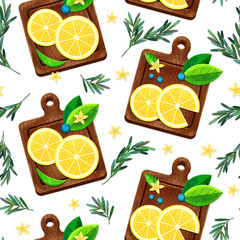 Seamless pattern. Lemon slices on a cutting board. Sprigs of rosemary and flowers.