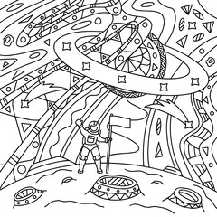 Astronaut in space. Black and white vector illustration for coloring book.