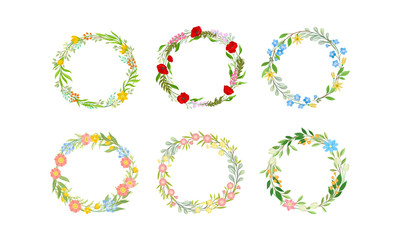 Floral Wreaths with Leafy Tree Branches and Blooming Summer Flowers Vector Set