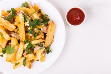 Canadian poutine french fries with brown gravy sauce, chicken and cheese curds.