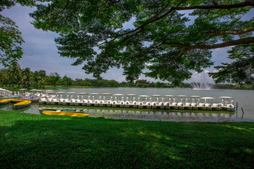 Public Park (Suan Luang Rama 9) - Bangkok: 3 May 2020, atmosphere in the park, people come to sit, walk, exercise, during the day, in Nong Bon Prawet District, Thailand