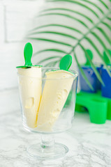 Delicious vanilla homemade ice cream in a special form for freezing. Homemade sweet treats, desserts.