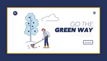 People Gardening. Website Landing Page. Woman Is Raking Leaves, Take Care Of Apple Orchard. Agriculture and Garden Job And Outdoors Working. Web Page Cartoon Linear Outline Flat Vector Illustration