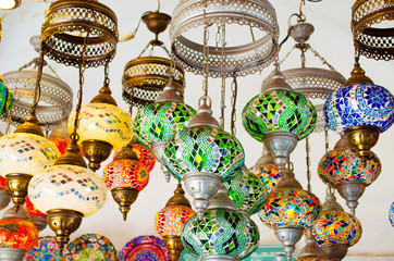 Stained glass lamps in Grand Bazaar, Istanbul, Turkey.  colorful oriental gifts. Beautiful lamps in...