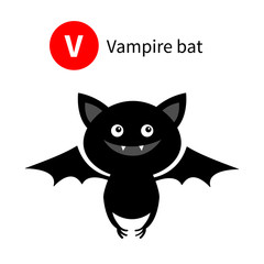 Letter V. Vampire bat. Zoo animal alphabet. English abc with cute cartoon kawaii funny baby animals. Education cards for kids. Isolated. White background. Flat design.