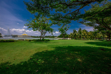 Public Park (Suan Luang Rama 9) - Bangkok: 3 May 2020, atmosphere in the park, people come to sit, walk, exercise, during the day, in Nong Bon Prawet District, Thailand