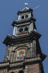 View of Western Church (Westerkerk, 1620 - 1631) - a Dutch Protestant church in Amsterdam. It lies in the most western part of the Grachtengordel neighborhood. Amsterdam, Netherlands.