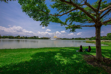 Public Park (Suan Luang Rama 9) - Bangkok: 3 May 2020, atmosphere in the park, people come to sit, walk, exercise, during the day, in Nong Bon Prawet District, Thailand