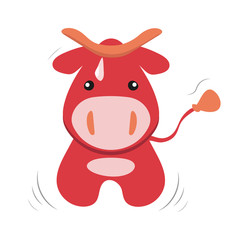 Funny cute cartoon illustration of red cow isolated on white background. Design for t-shirt, greeting cards, parties, posters, stickers, decor, cover and ets.