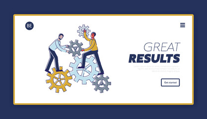 Concept Of Brainstorm And Teamwork. Website Landing Page. Characters Work In Team. Metaphor Of Comparing People Work With Cogwheel Mechanism. Web Page Cartoon Linear Outline Flat Vector Illustration