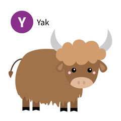 Letter Y. Yak. Zoo animal alphabet. English abc with cute cartoon kawaii funny baby animals. Education cards for kids. Isolated. White background. Flat design.