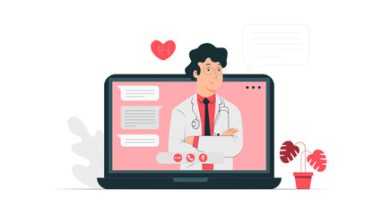 Online medical consultation. Doctor in your computer. Landing page template. Flat vector illustration.