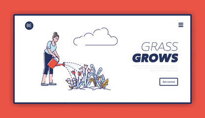 Website Landing Page. Woman Is Gardening, Watering Flowers With Watering Can. Female Character Is Working On Flower Bed On Farm Or Home. Web Page Cartoon Linear Outline Flat Style Vector Illustration