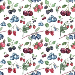 Watercolor illustration of a seamless pattern of berries on a white background