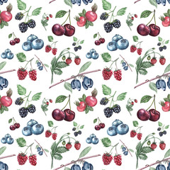 Watercolor illustration of a seamless pattern of berries on a white background