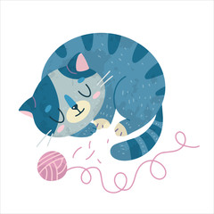 Vector stock illustration with cute cat, hand drawn style.