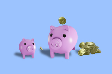 High Angle View Of Pink Piggy Bank and Coins On Blue Background