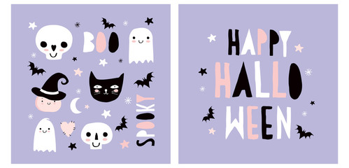 Halloween Hand Drawn Vector Illustration with Cute Pumpkin, Ghosts, Black Cat, Funny Skulls and Bats on a Pastel Violet Background. Kawaii Style Decoration for Halloween Party. Happy Halloween Card.