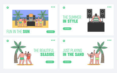 Concept Of Beach Party With Cool DJ Playing Dance Music. Website Landing Page. People In Swimwear Listening To Music, Drink Cocktails. Web Page Cartoon Linear Outline Flat Vector Illustrations Set