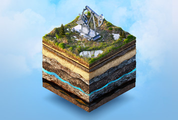 Oil drilling, extraction 3D isometric illustration. Soil layers, ground cut cross section with oil pump jack isolated. Crude oil resources, gas oil industry, petroleum production concept infographic 