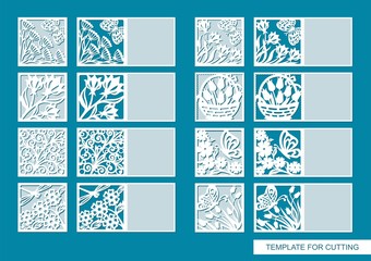 Collection of cards with a floral pattern, flowers, leaves, butterflies, dragonflies, carved out of paper. Place for text and congratulations (copy space). Vector template for plotter laser cutting.
